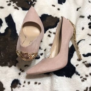 Blush suede heels with gold detailing